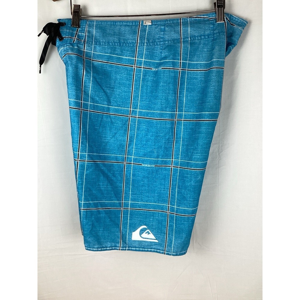 Quiksilver Board Shorts Mens 34 Blue Window Pane Plaid Retro Swim, Skate, Surf